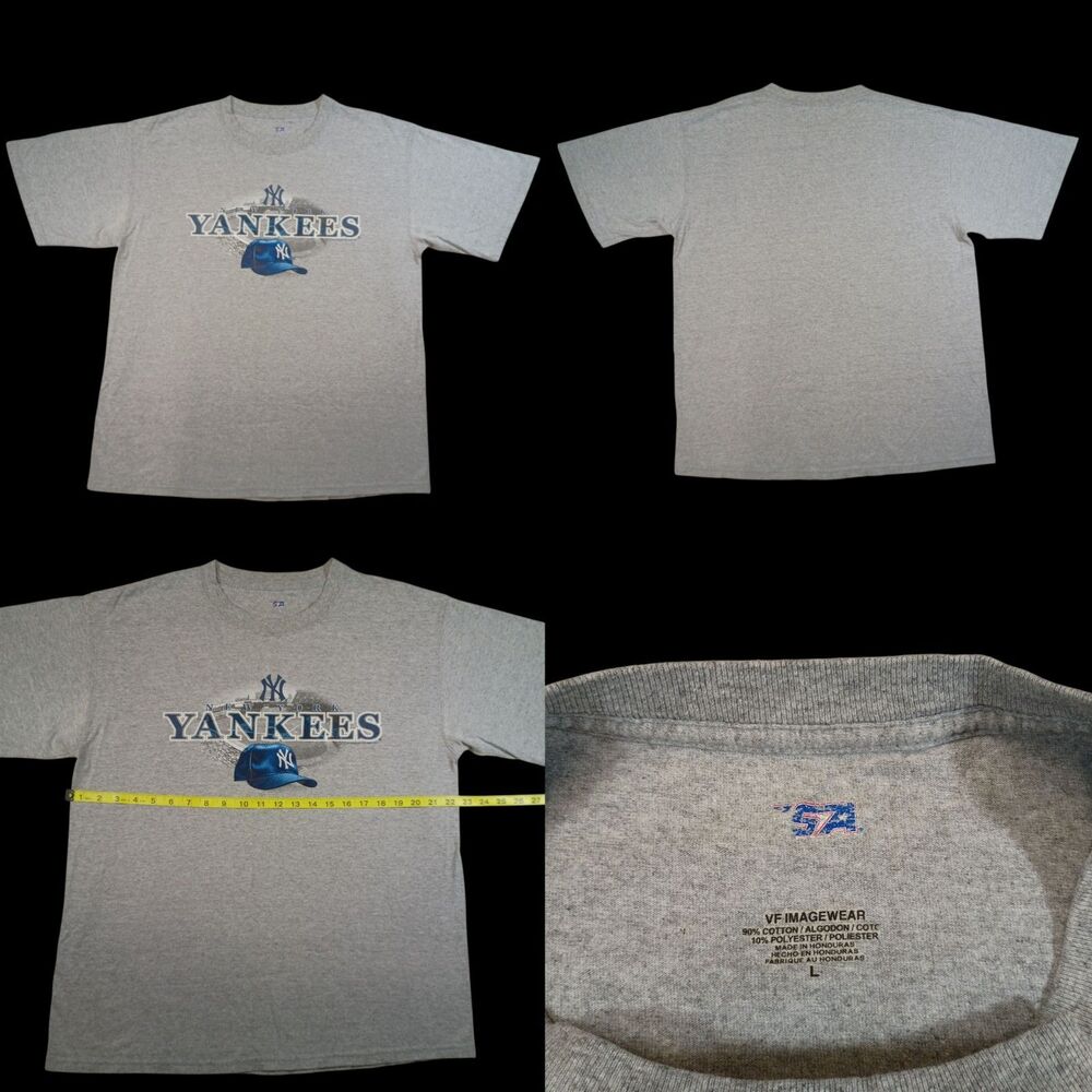 2007 New York Yankees Baseball Cap Spell Out Men's Gray Short Sleeve Shirt Sz L